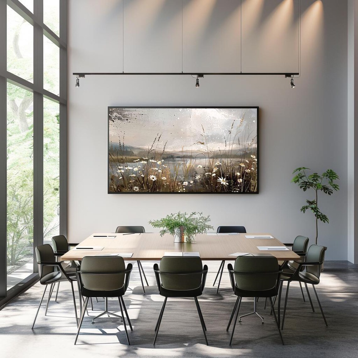 White Daisies Lakeshore Misty Water Grasses Watercolor Floral Poster - Image 3