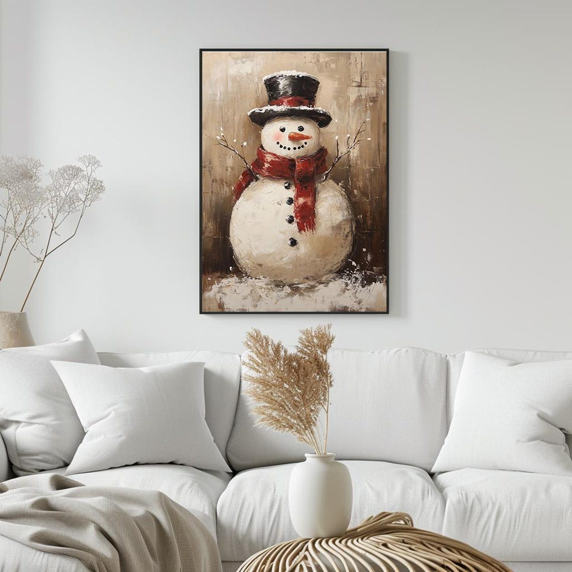 Rustic Snowman With Top Hat And Red Scarf Winter Scene Poster - Image 4