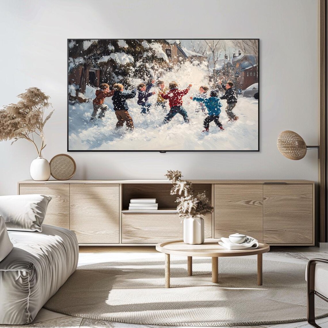 Children Snowball Fight Vibrant Winter Scene Oil Painting Holiday Poster - Image 5