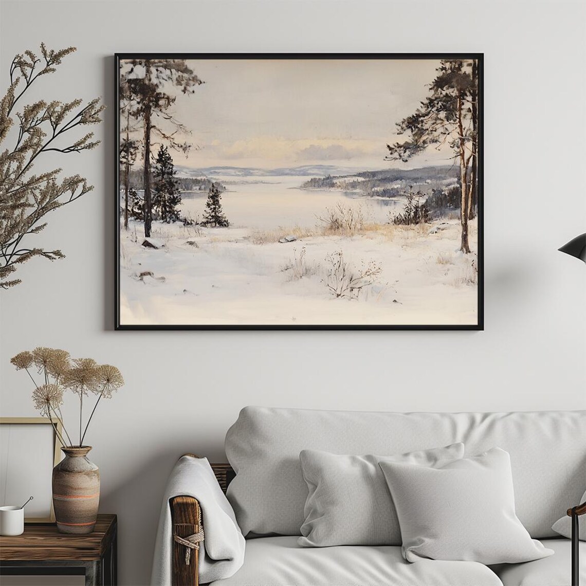 Winter Landscape Oil Painting Snowy Forest And Lake Wall Art - Image 5