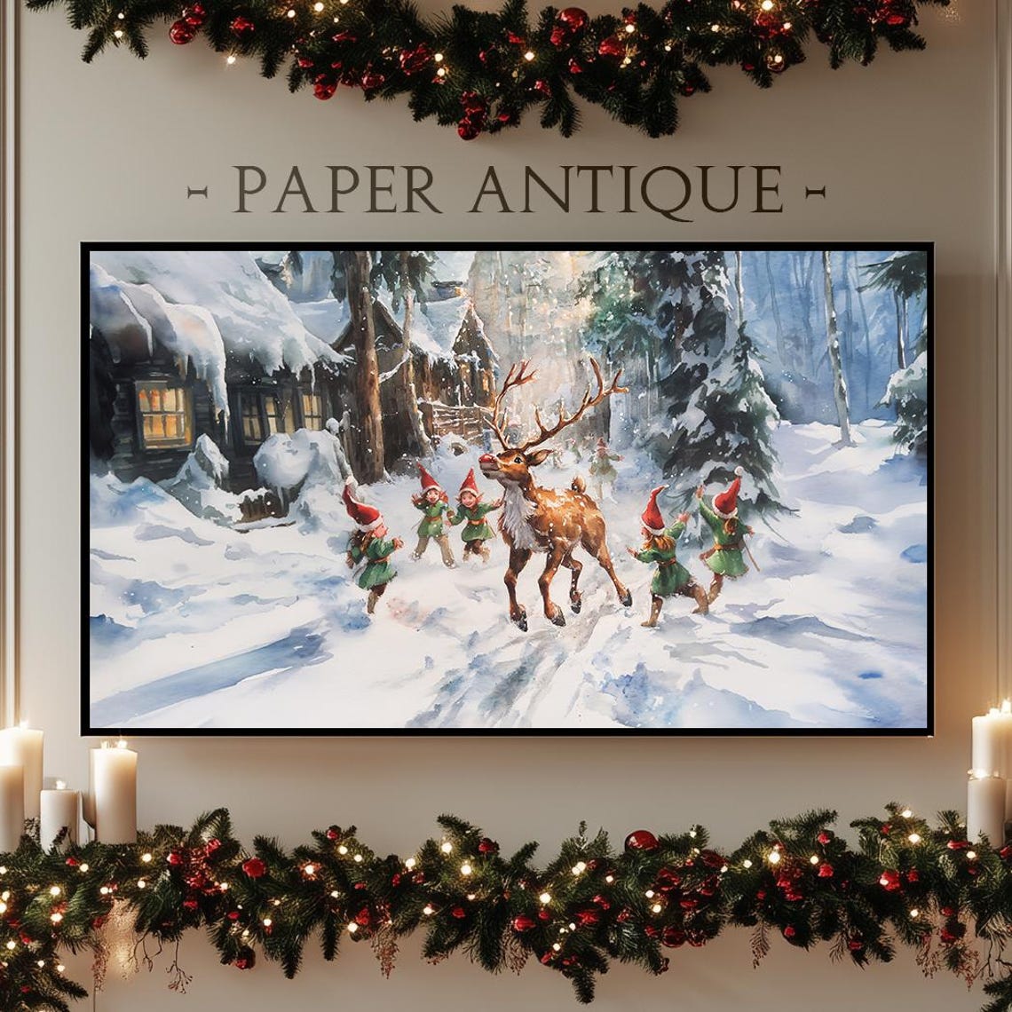 Reindeer and Elves in Snowy Forest Watercolor Christmas Poster