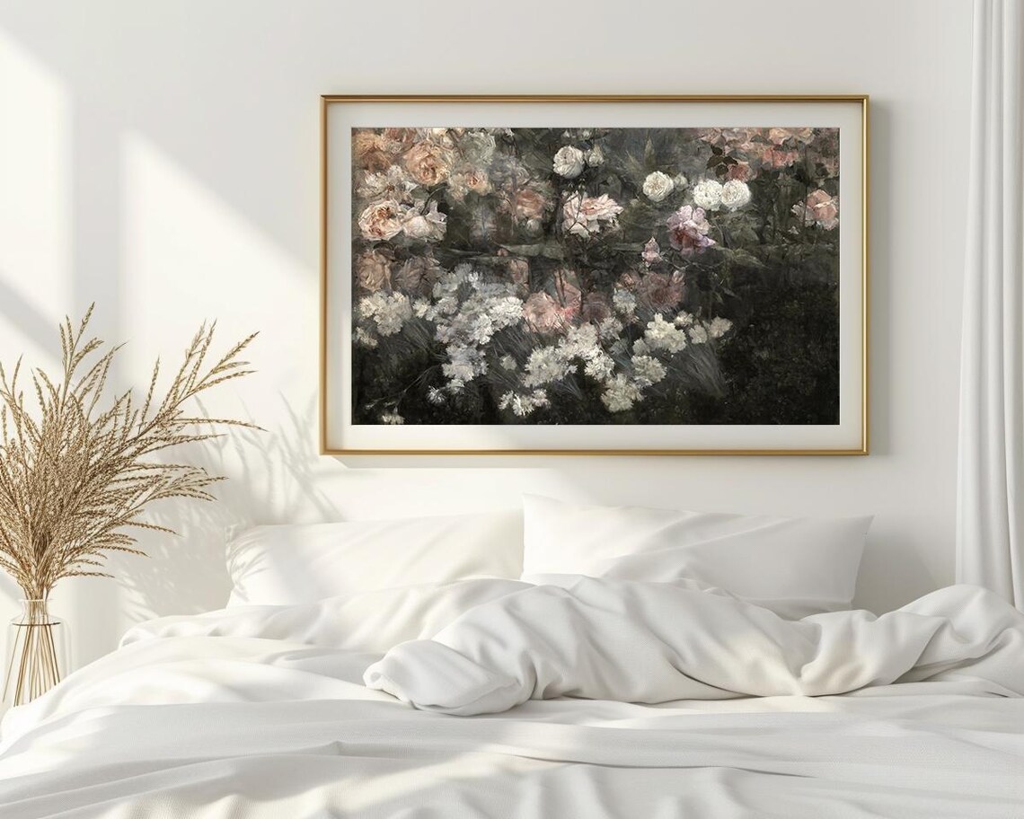 Rose Garden White Flowers Dark Moody Floral Vintage Painting Poster - Image 2