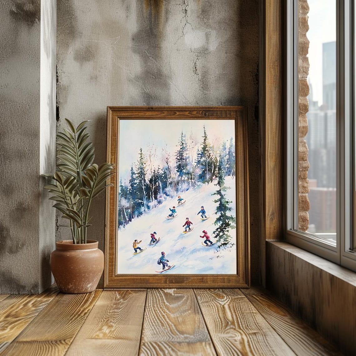Kids Sledding Down Snowy Hill Watercolor Winter Scene Poster - Image 3