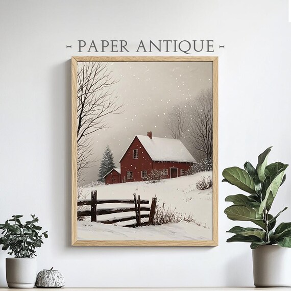 Red Barn In Snowy Winter Landscape Rustic Farmhouse Painting Poster