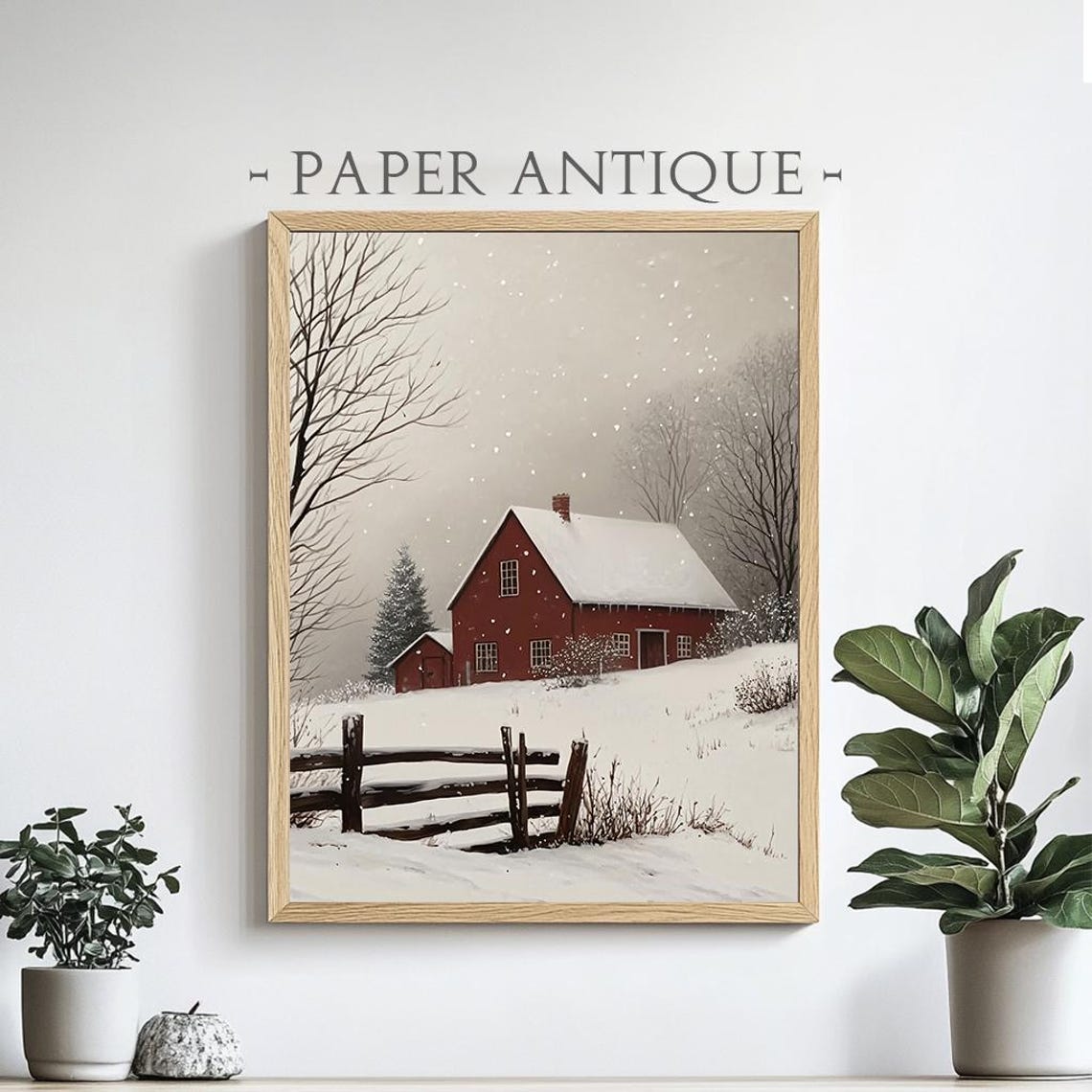 Red Barn In Snowy Winter Landscape Rustic Farmhouse Painting Poster