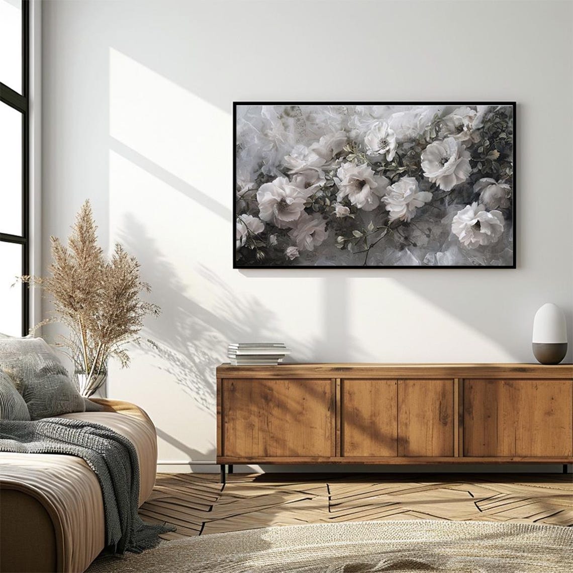 Soft White Blossom Monochrome Elegant Floral Painting Poster - Image 4