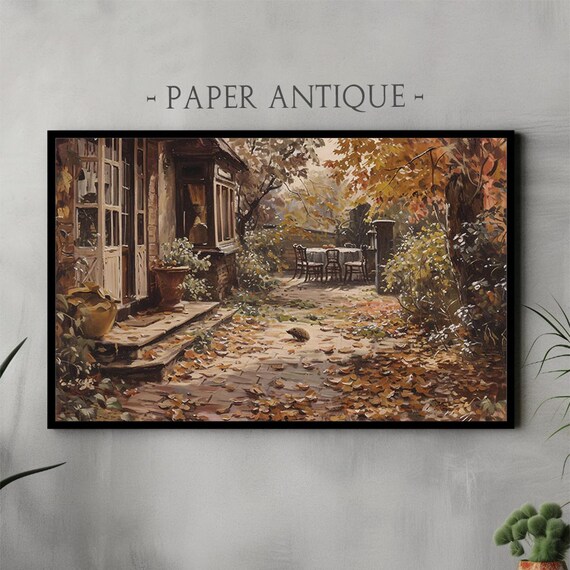Cozy Autumn Patio Scene with Hedgehog Rustic Fall Garden Poster