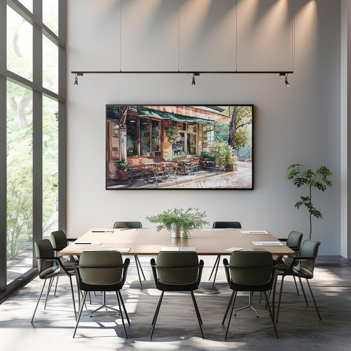 Watercolor European Cafe Street Scene Outdoor Tables Sunlit Poster - Image 3