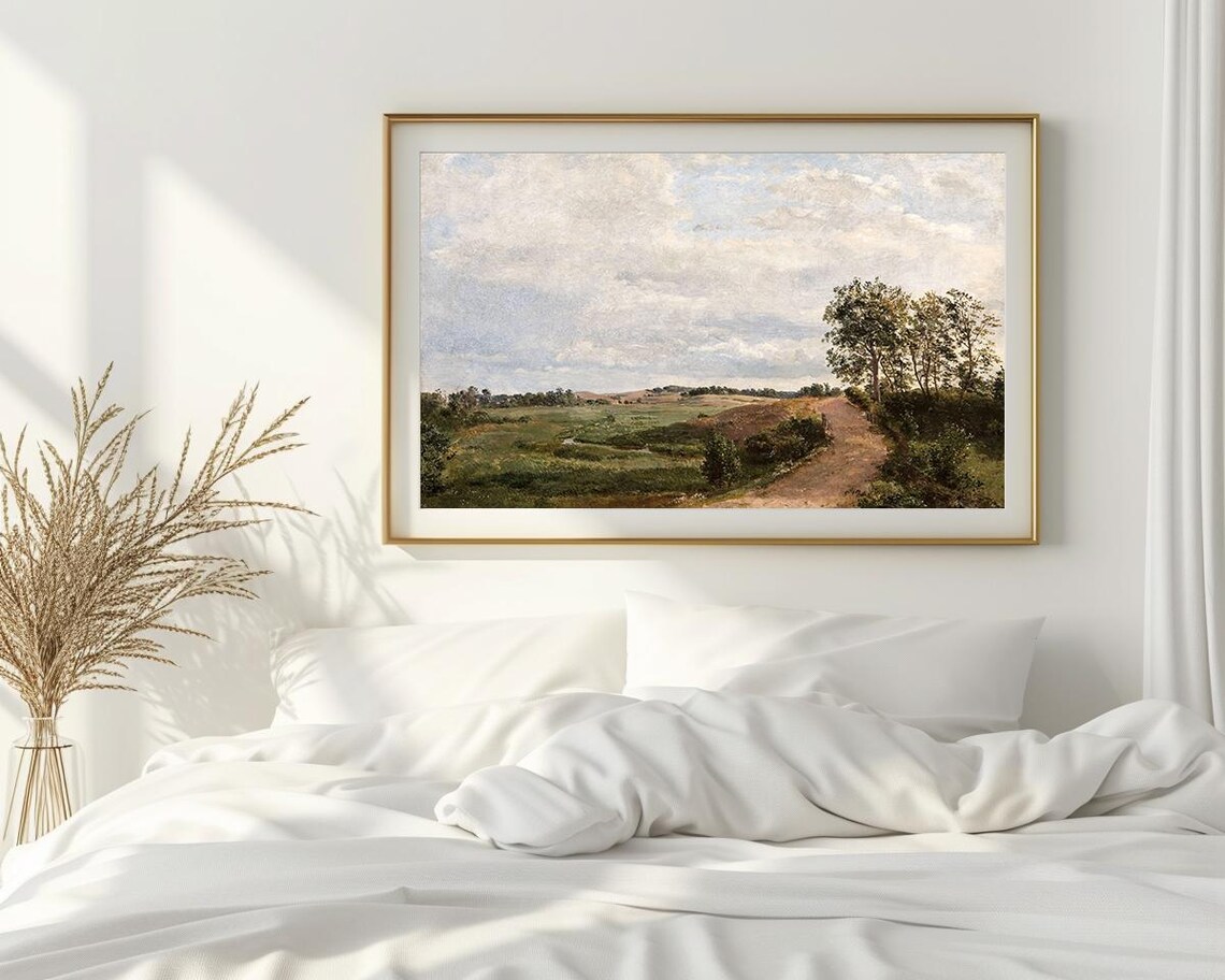 Country Road with Trees and Fields Sunny Day Vintage Painting Poster - Image 2