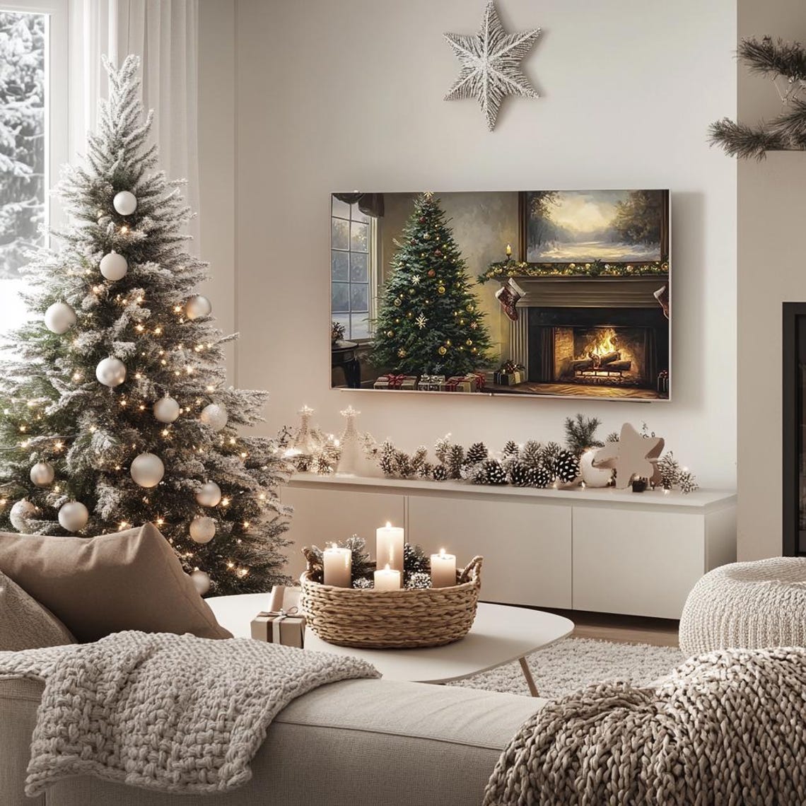 Cozy Christmas Fireplace With Decorated Tree Stockings Poster - Image 5