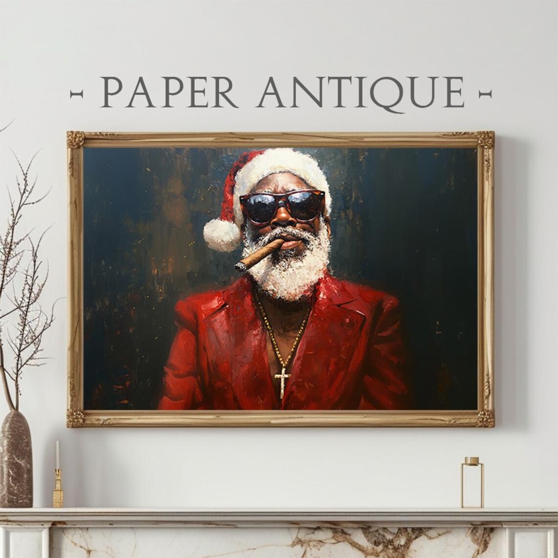 Bold Cool Santa Sunglasses Cigar Dark Oil Painting Modern Poster