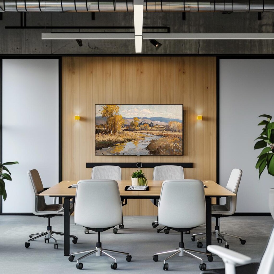 Calm Autumn River Valley with Golden Trees Mountain Scene Poster - Image 2