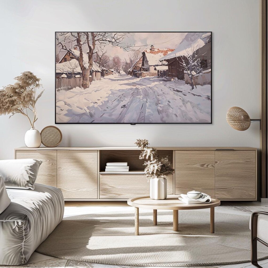 Quiet Snowy Village Street on a Winter Morning Cottage Art Poster - Image 5