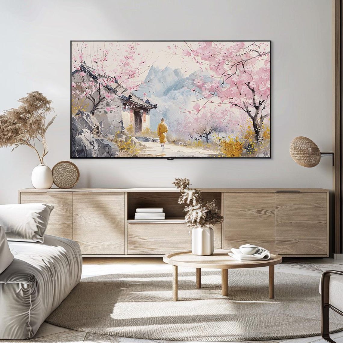 Cherry Blossom Spring Temple Monk Mountain Serene Landscape Poster - Image 5