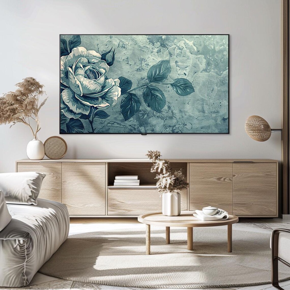 Teal Blue Rose Monochrome Vintage Floral Study Design Poster - Image 5