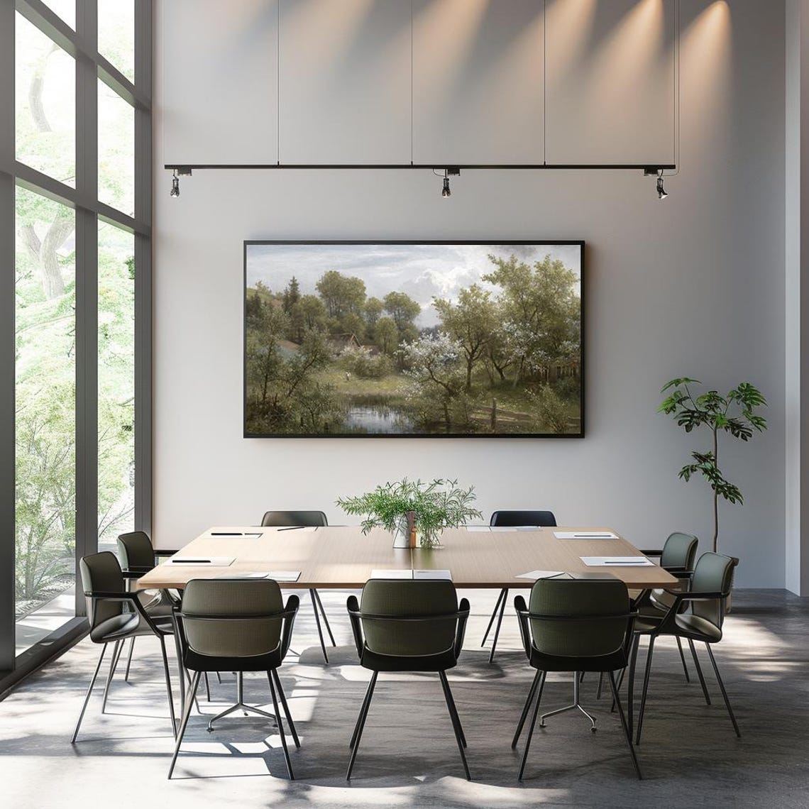 Serene Cottage by Pond Blooming Trees Romanticism Style Poster - Image 3
