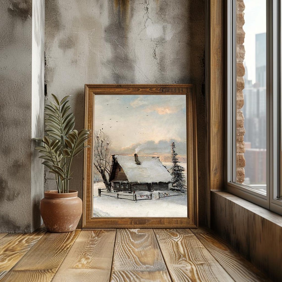 Snowy Cabin At Dawn With Chimney Smoke Winter Landscape Poster - Image 3