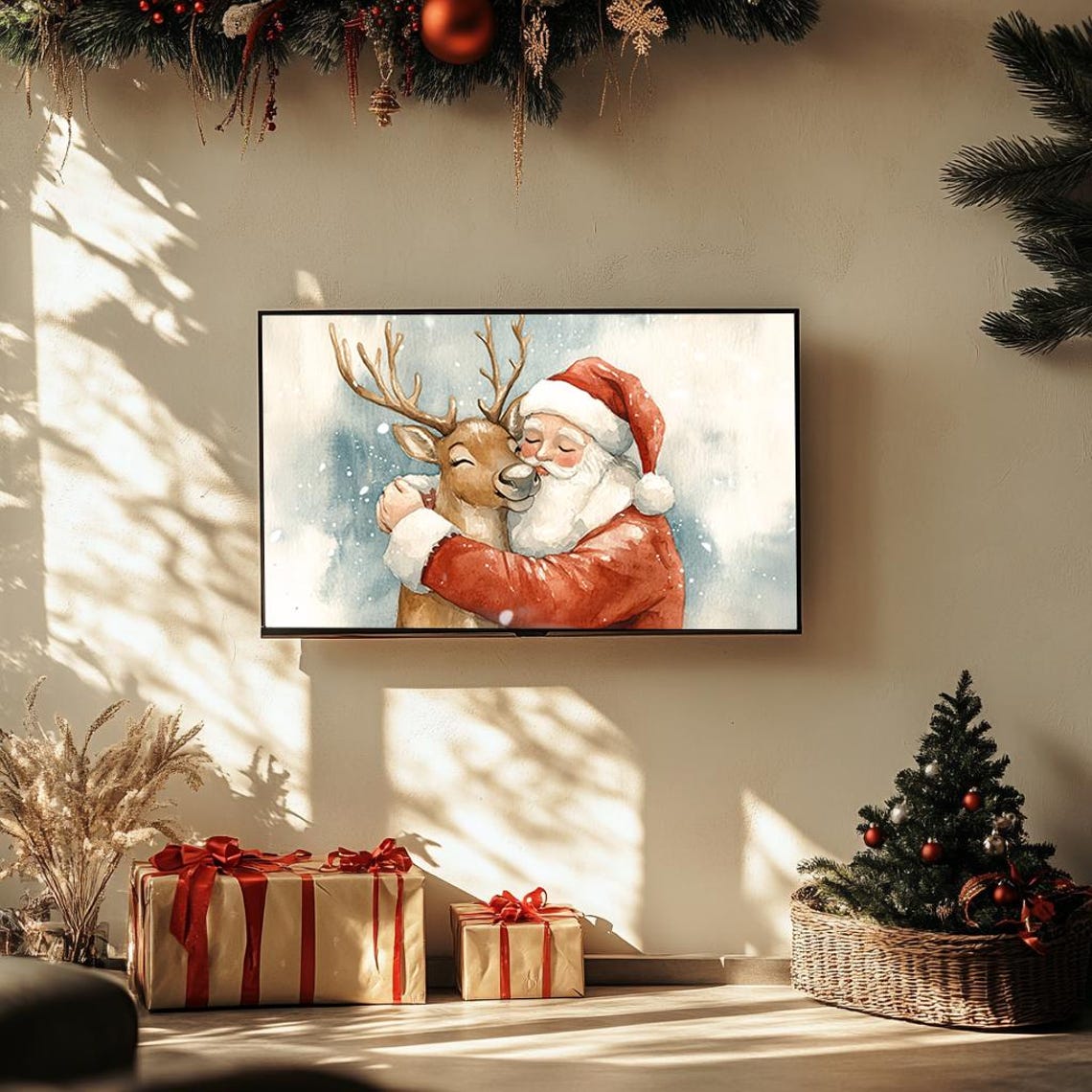 Santa Hugging Reindeer Watercolor Painting Whimsical Christmas Poster - Image 3