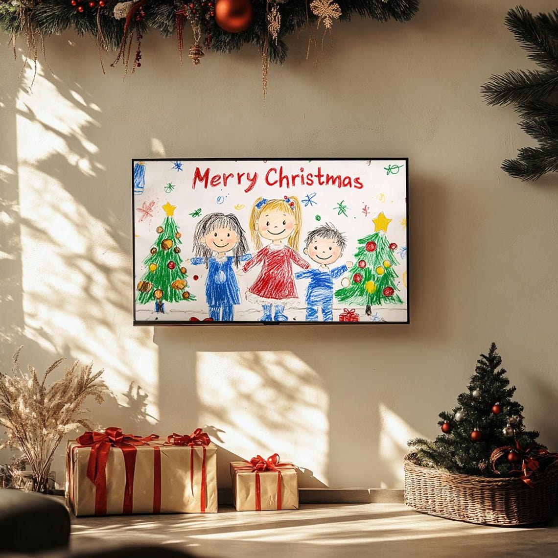 Merry Christmas Kids Crayon Drawing Joyful Children Tree Poster - Image 3