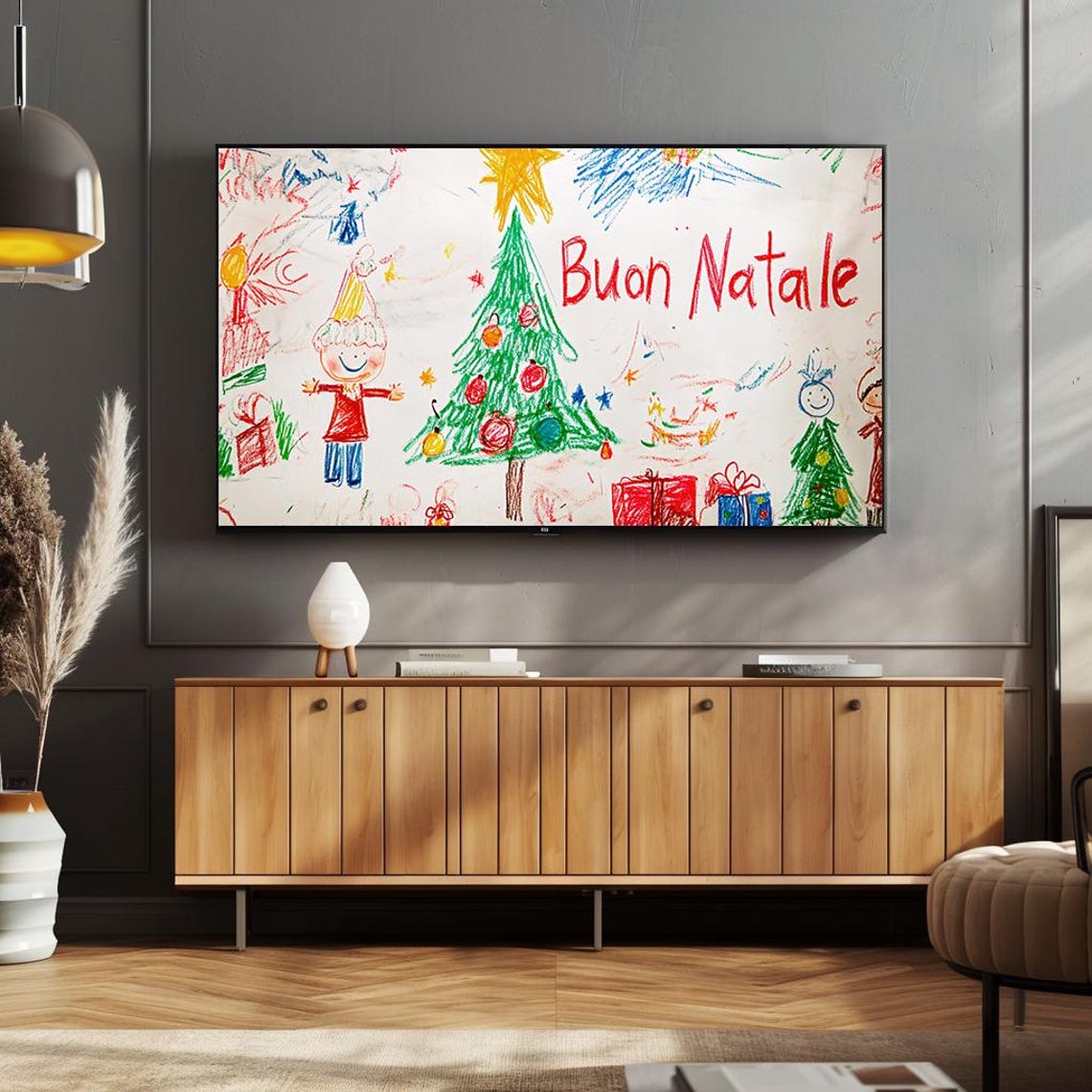 Buon Natale Kids Crayon Drawing Christmas Tree Festive Holiday Poster - Image 4