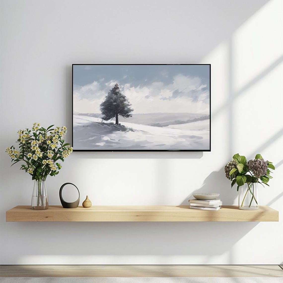 Lone Pine On Snowy Hillside Minimalist Blue Winter Panorama Poster - Image 2