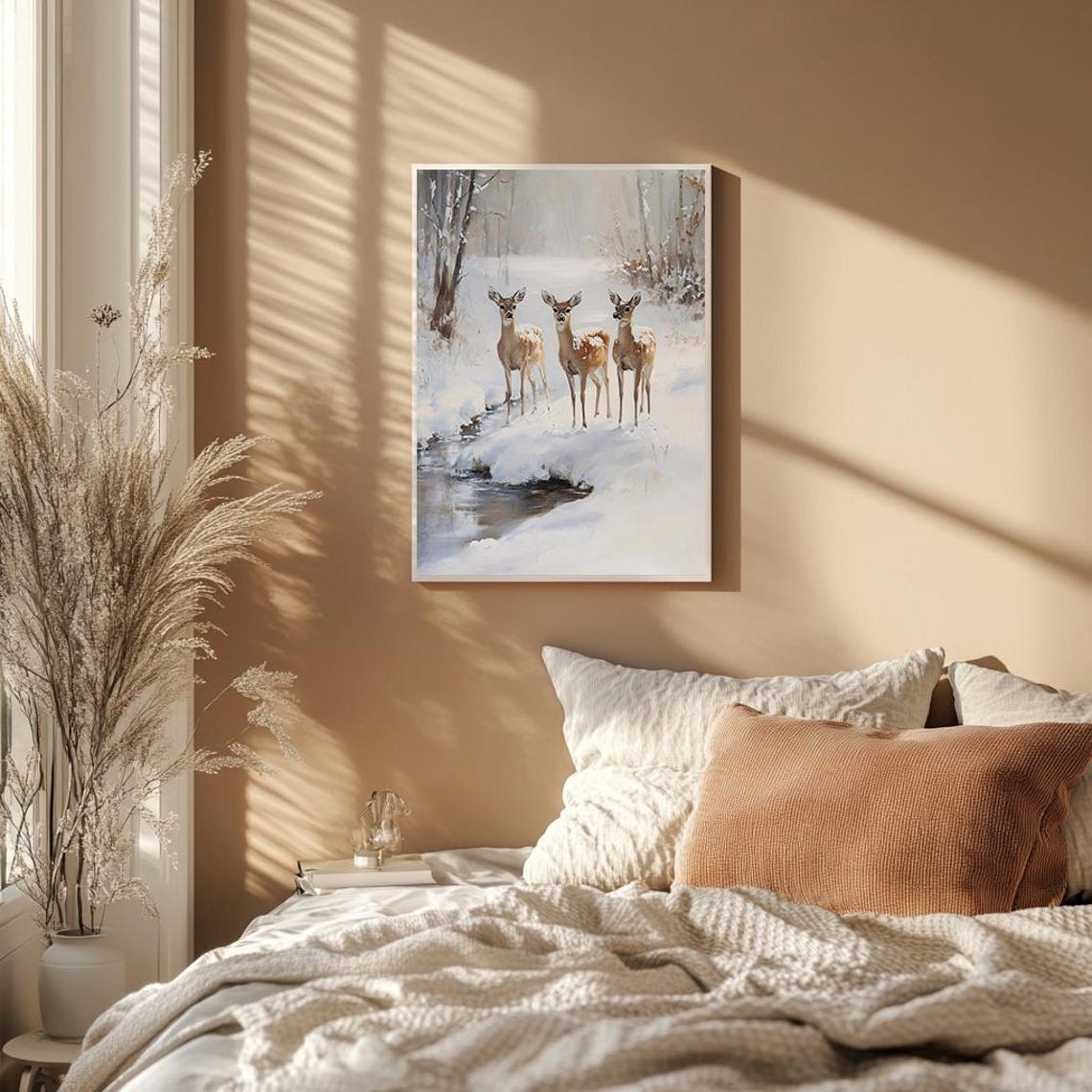 Three Deer By Snowy Stream Winter Forest Vintage Painting Poster
