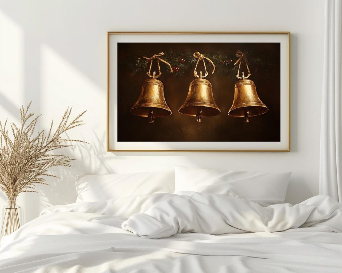 Three Golden Bells Hanging Greenery Dark Christmas Art Poster - Image 2