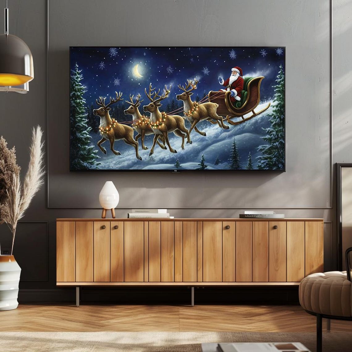 Santa Flying Sleigh with Reindeer Magical Christmas Night Sky Poster - Image 4