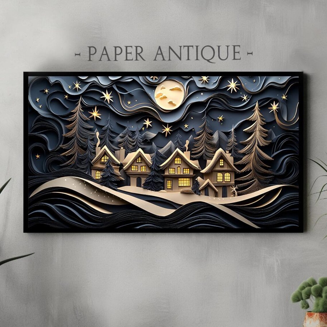 Layered Paper Cut Winter Village Night Moon Stars Art Poster