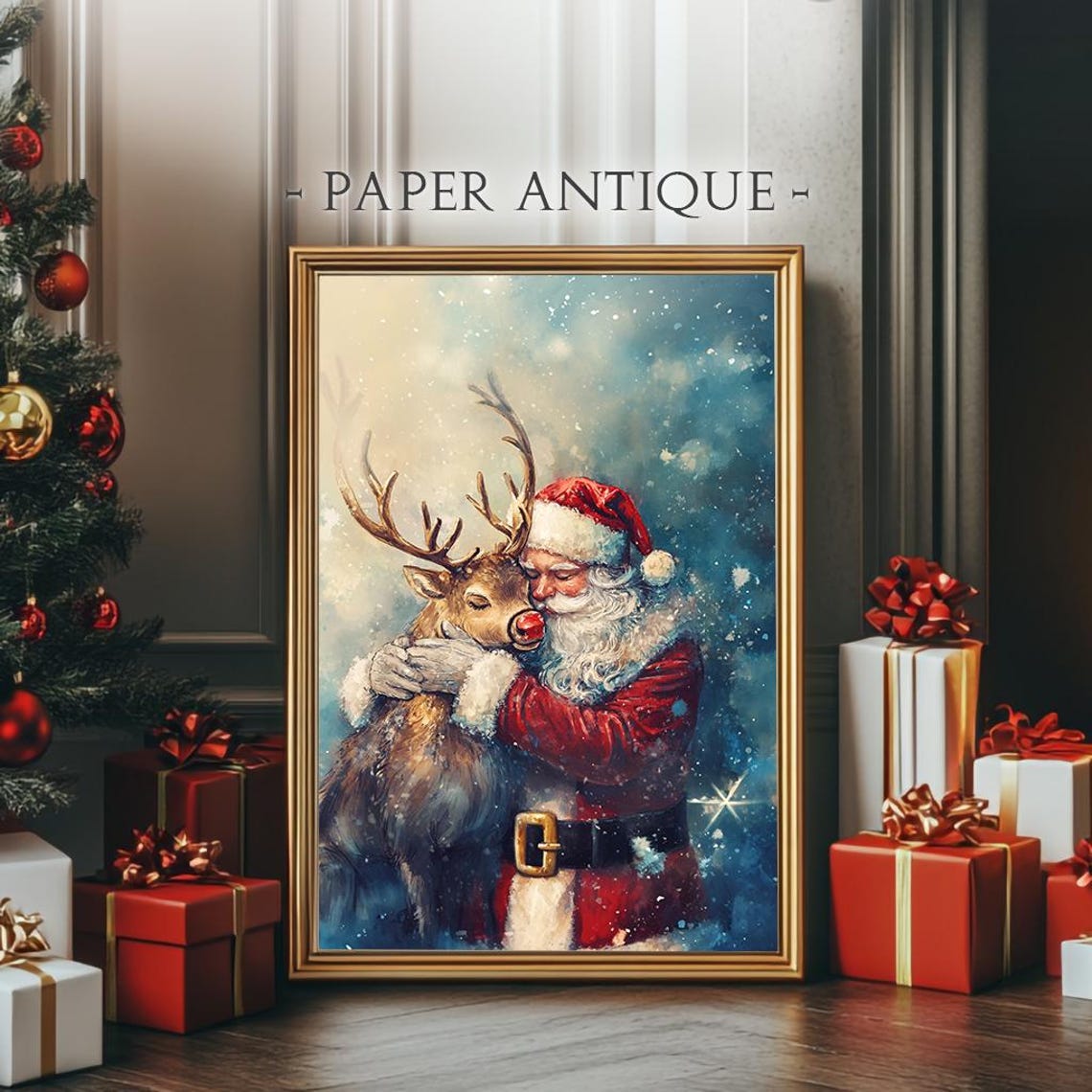 Santa Claus Hugging Reindeer Snowy Night Painterly Christmas Poster