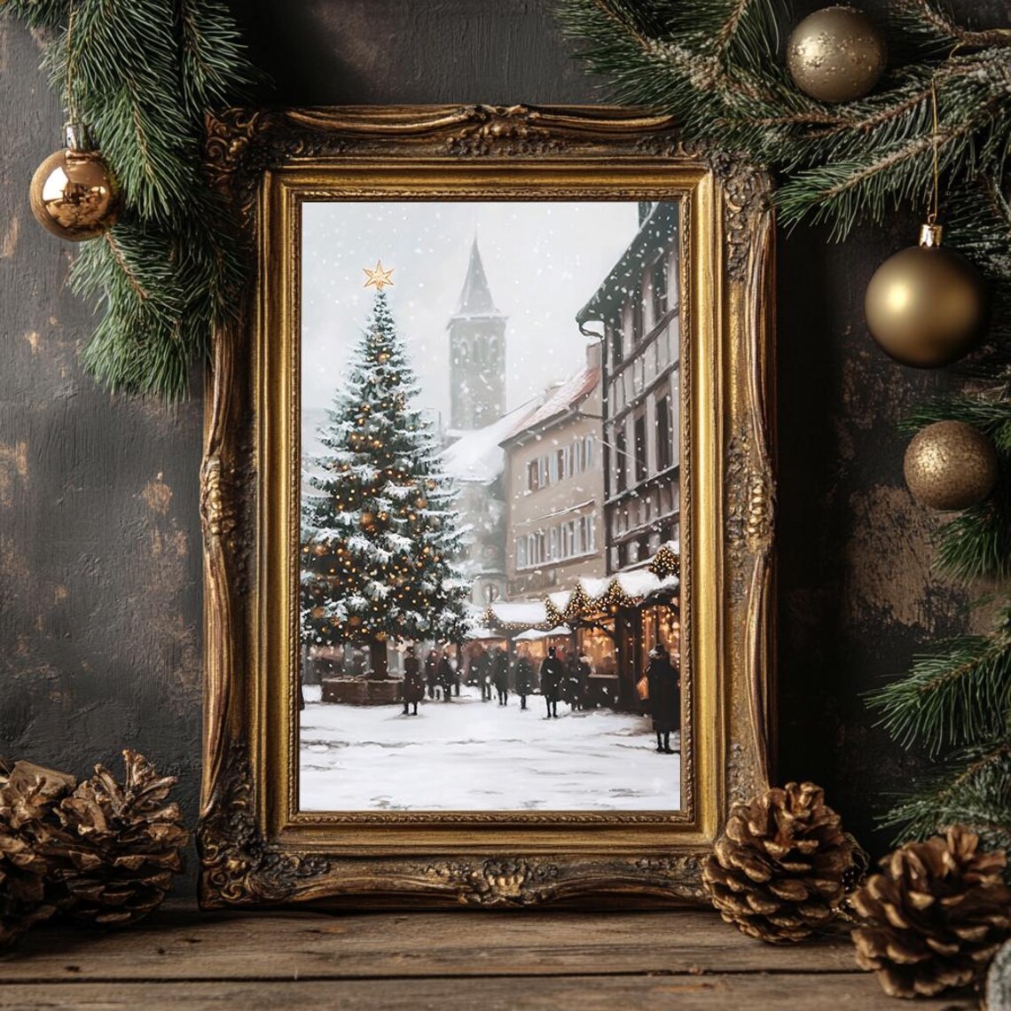 Christmas Market Snowy Tree Town Square Vintage Holiday Poster - Image 4