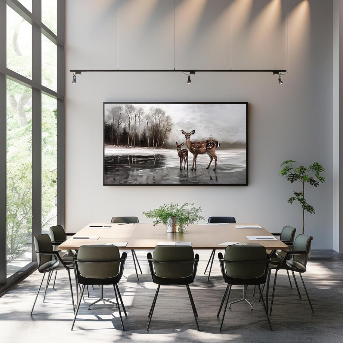 Deer with Fawn on Frozen Winter Lake in Winter Forest Poster - Image 3