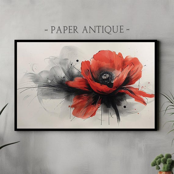 Frame Tv Art Bold Red Flower Illustration Modern Floral Design With Black Accents Dynamic Wall Art For Frame Tv Instant