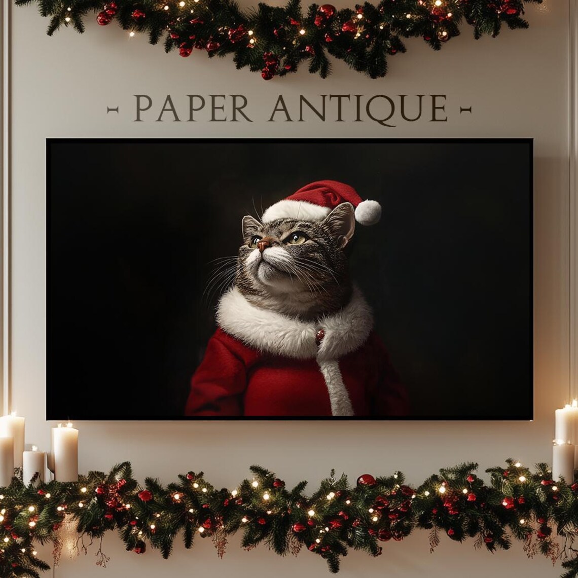 Tabby Cat in Santa Suit Cute Christmas Animal Portrait Poster