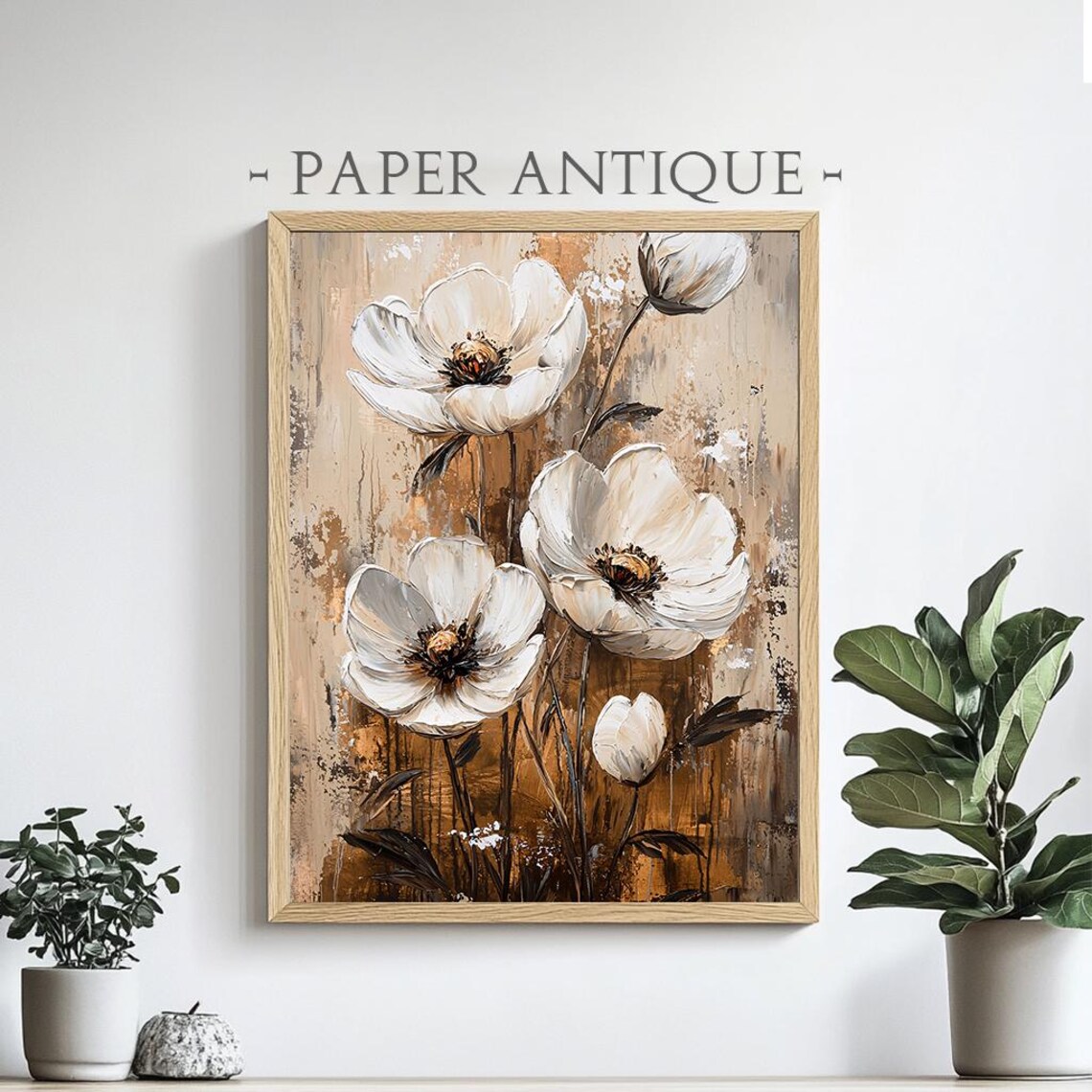 White Floral Oil Painting Rustic Neutral Flower Bloom Art Poster