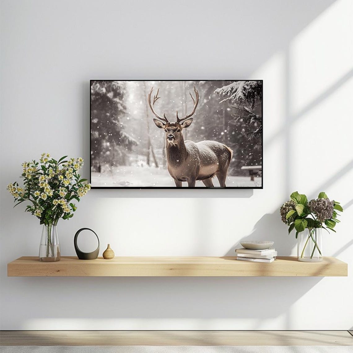 Majestic Stag in Snowy Winter Forest Rustic Wildlife Art Poster - Image 2
