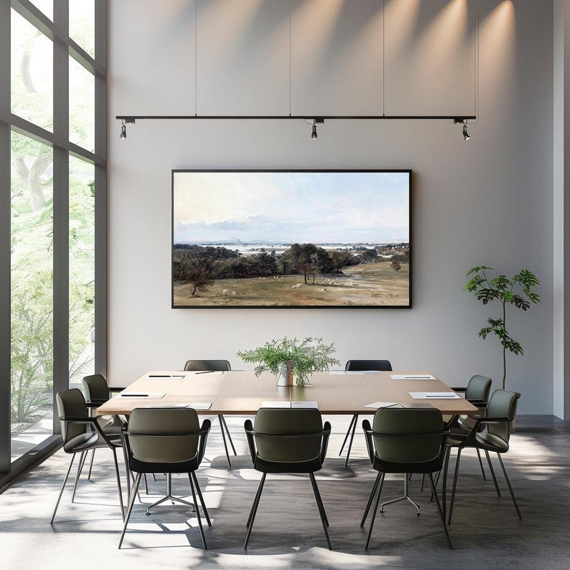 River Valley Sheep Meadow Distant Village Vintage Painting Poster - Image 3