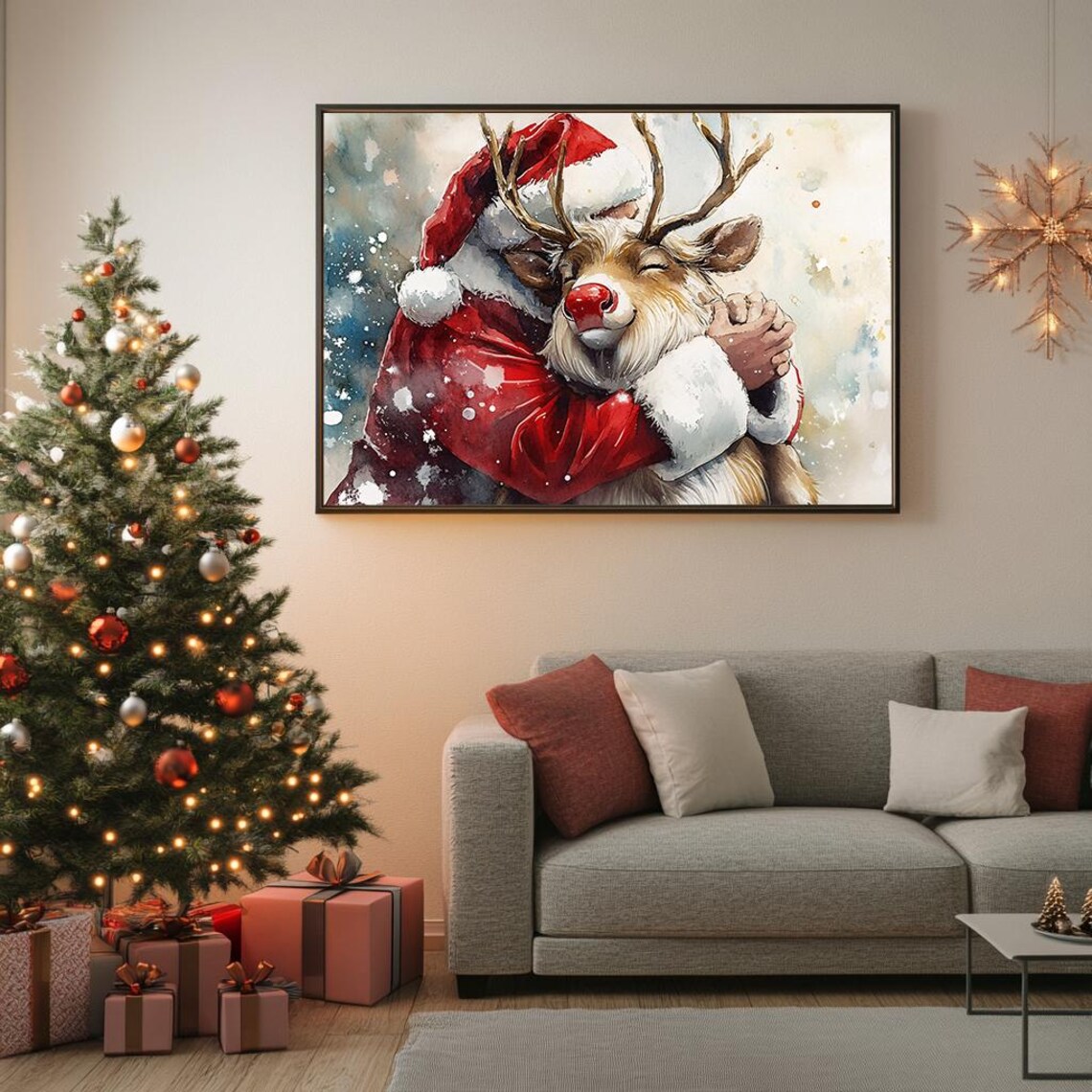 Santa And Rudolph Watercolor Painting Festive Christmas Hug Poster - Image 5