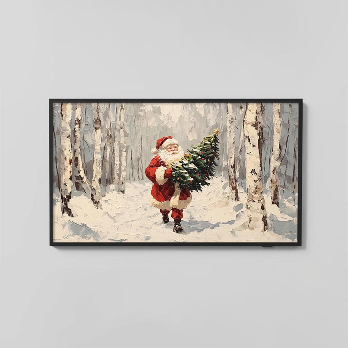 Santa Carrying Christmas Tree Snowy Birch Forest Painting Poster - Image 2