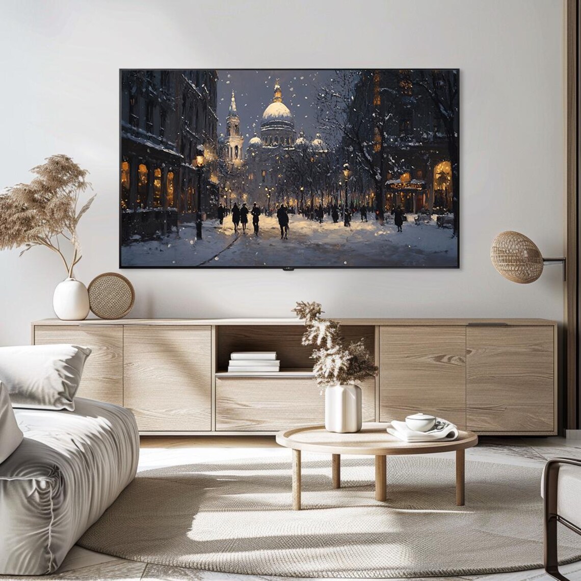Snowy City Street Cathedral Evening Oil Painting Winter Scene Poster - Image 5