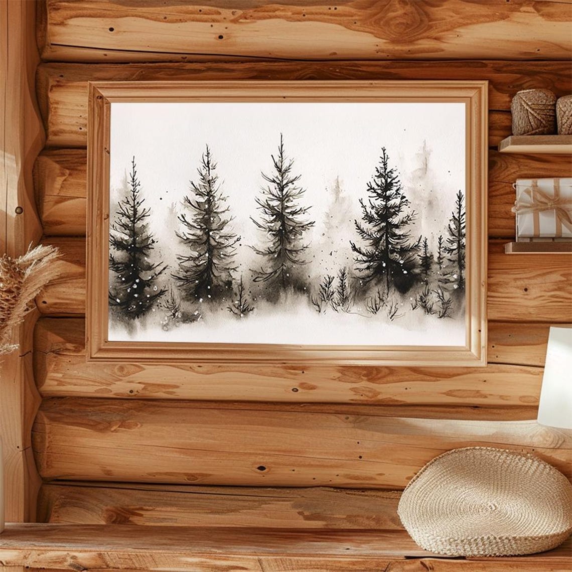 Black Ink Pine Trees Winter Watercolor Minimalist Forest Poster - Image 4