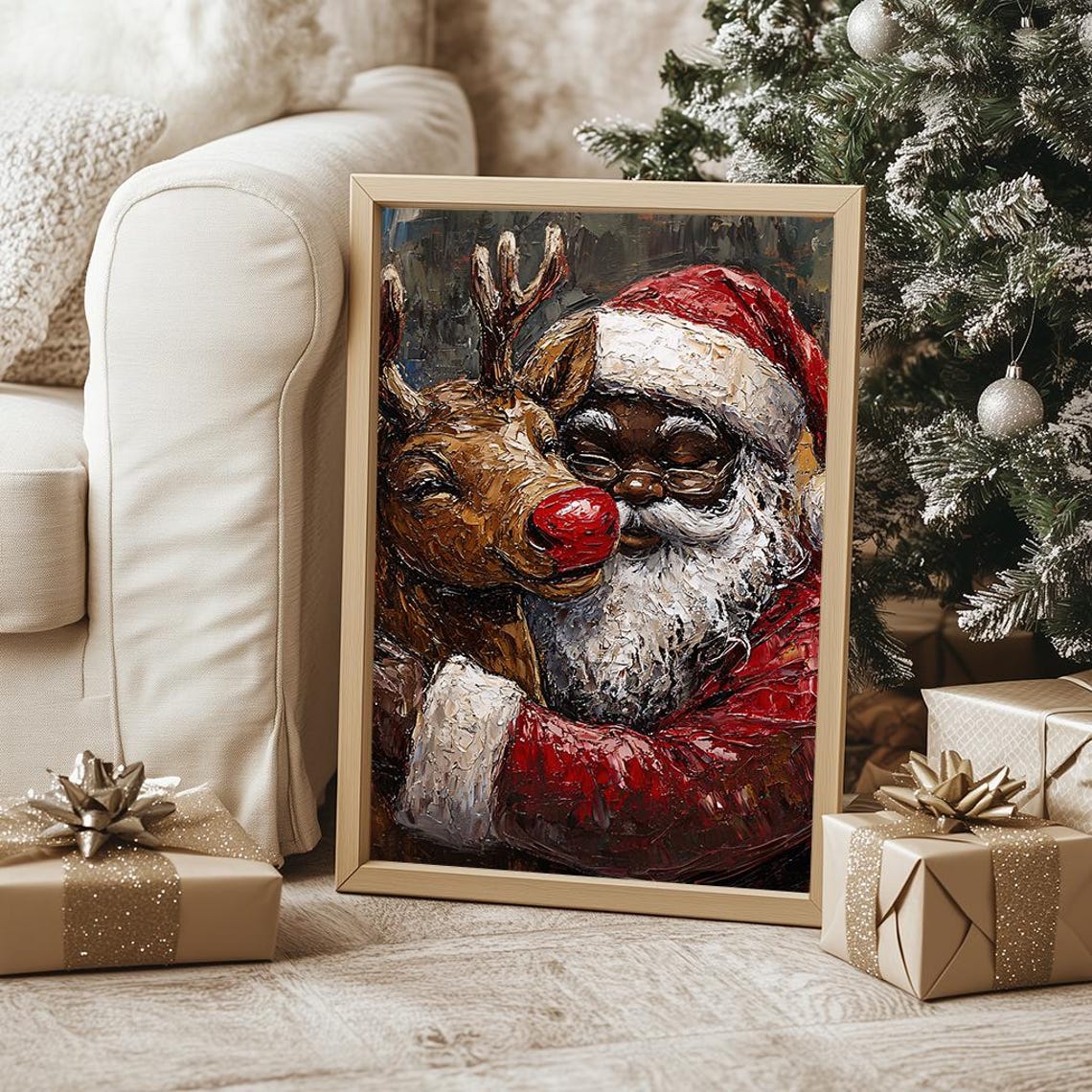 Black Santa Hugging Reindeer Textured Impasto Christmas Poster - Image 3