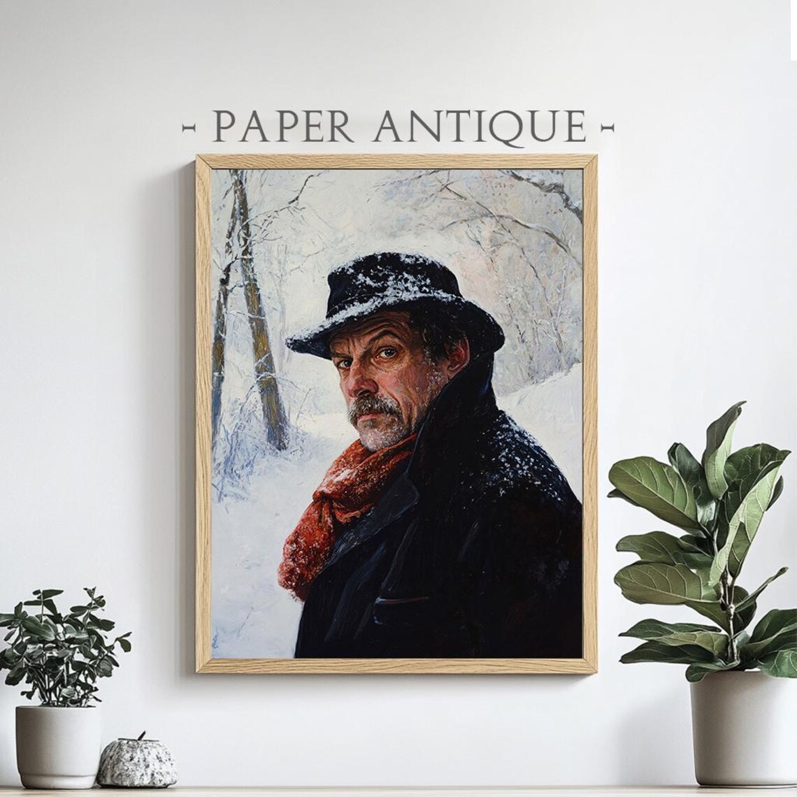 Man In Snowy Winter Red Scarf Moody Portrait Painting Poster