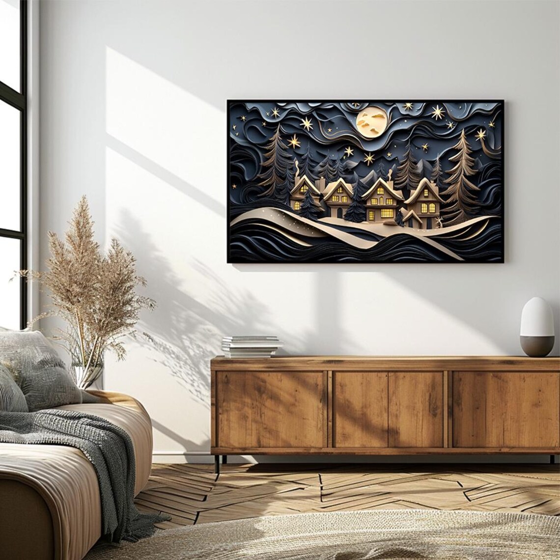 Layered Paper Cut Winter Village Night Moon Stars Art Poster - Image 4