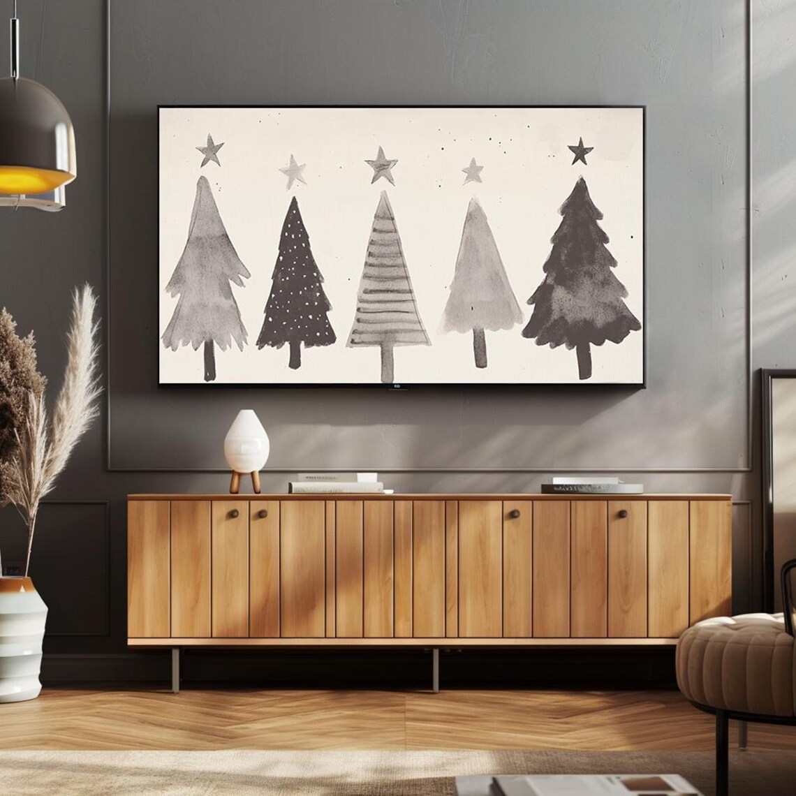 Minimalist Gray Christmas Trees With Stars Simple Holiday Poster - Image 4