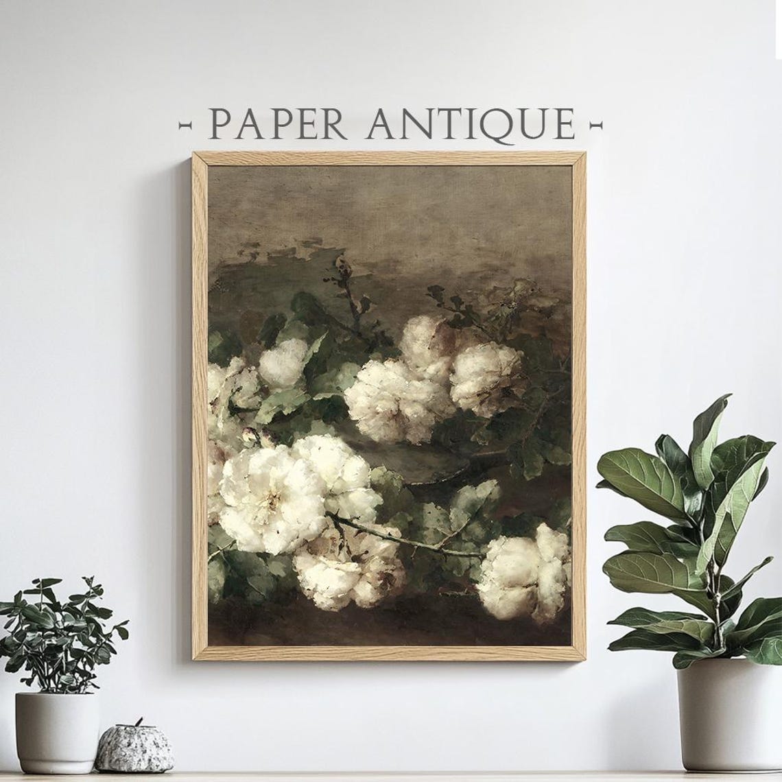 White Cotton Bolls On Branch Rustic Botanical Oil Painting Poster