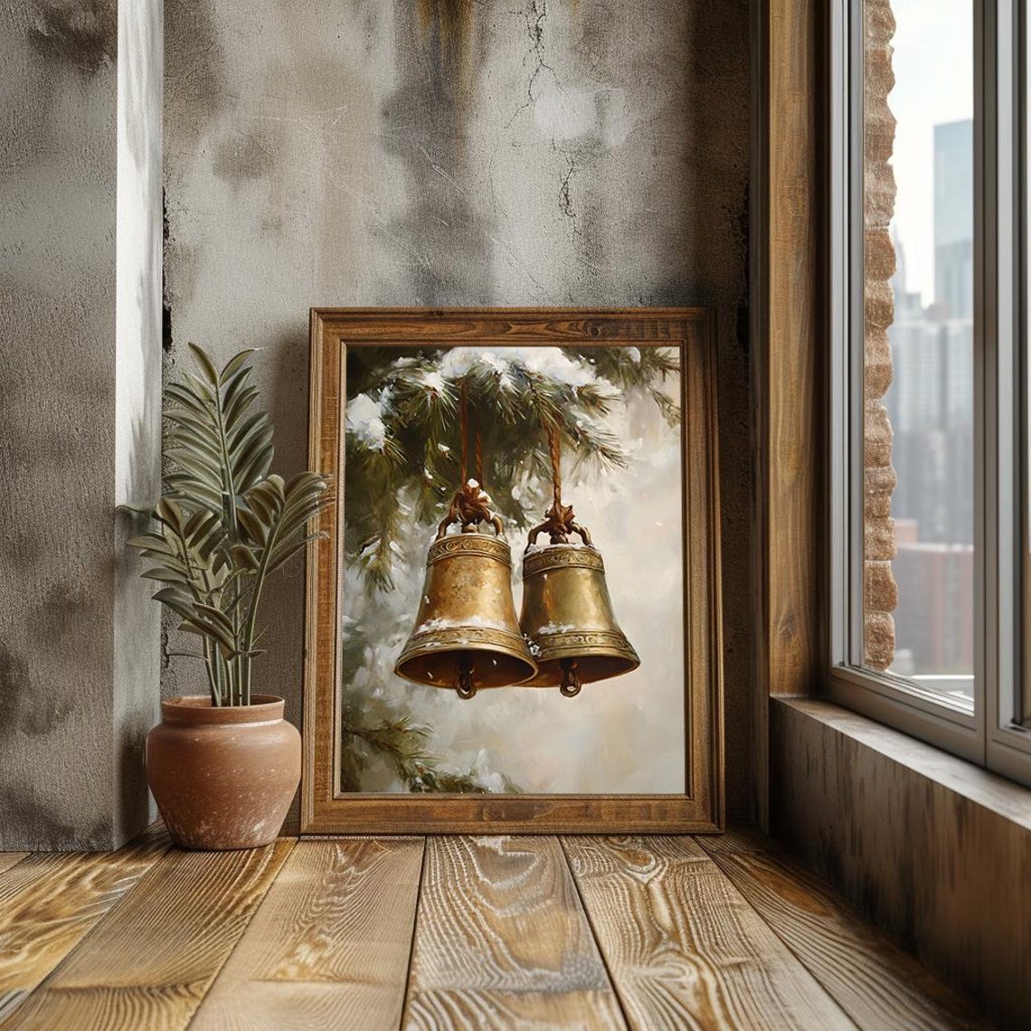 Antique Brass Christmas Bells Hanging From Snowy Pine Branch Poster - Image 2
