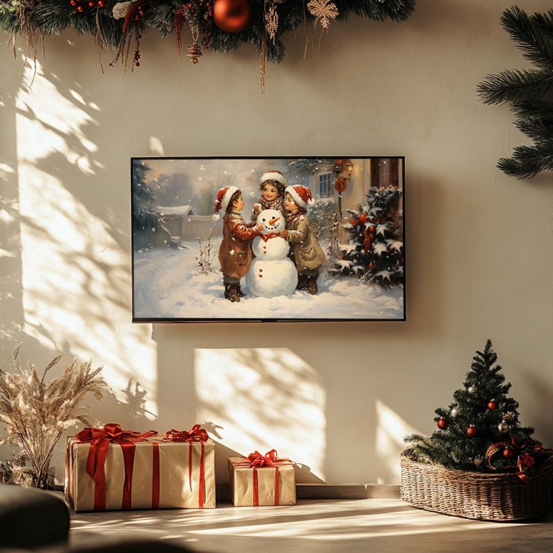 Children Building Snowman Vintage Cozy Christmas Painting Poster - Image 3