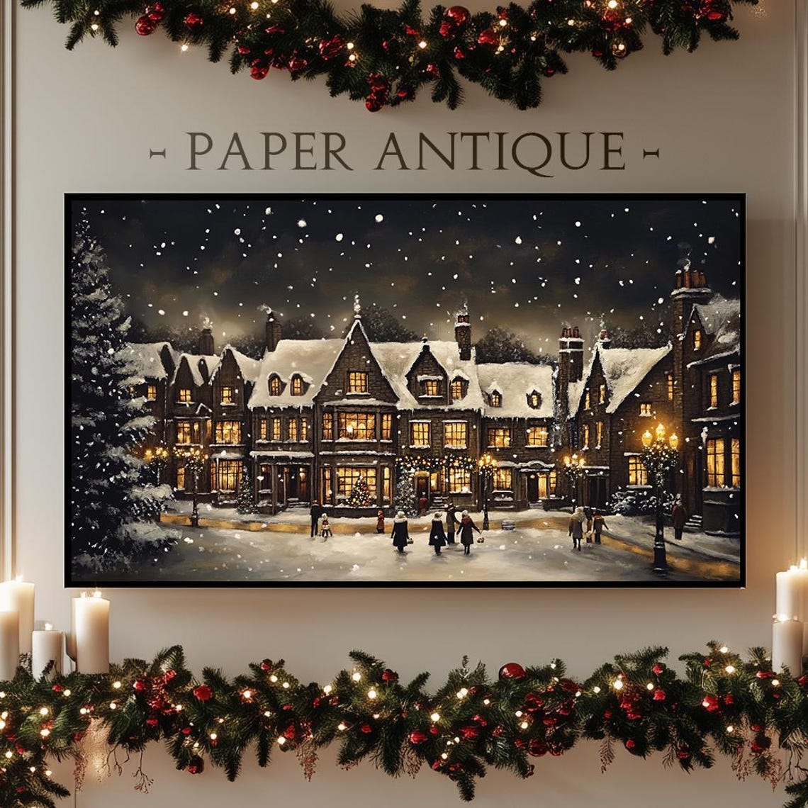 Snowy Village At Night Glowing Windows Falling Snow Panorama Poster