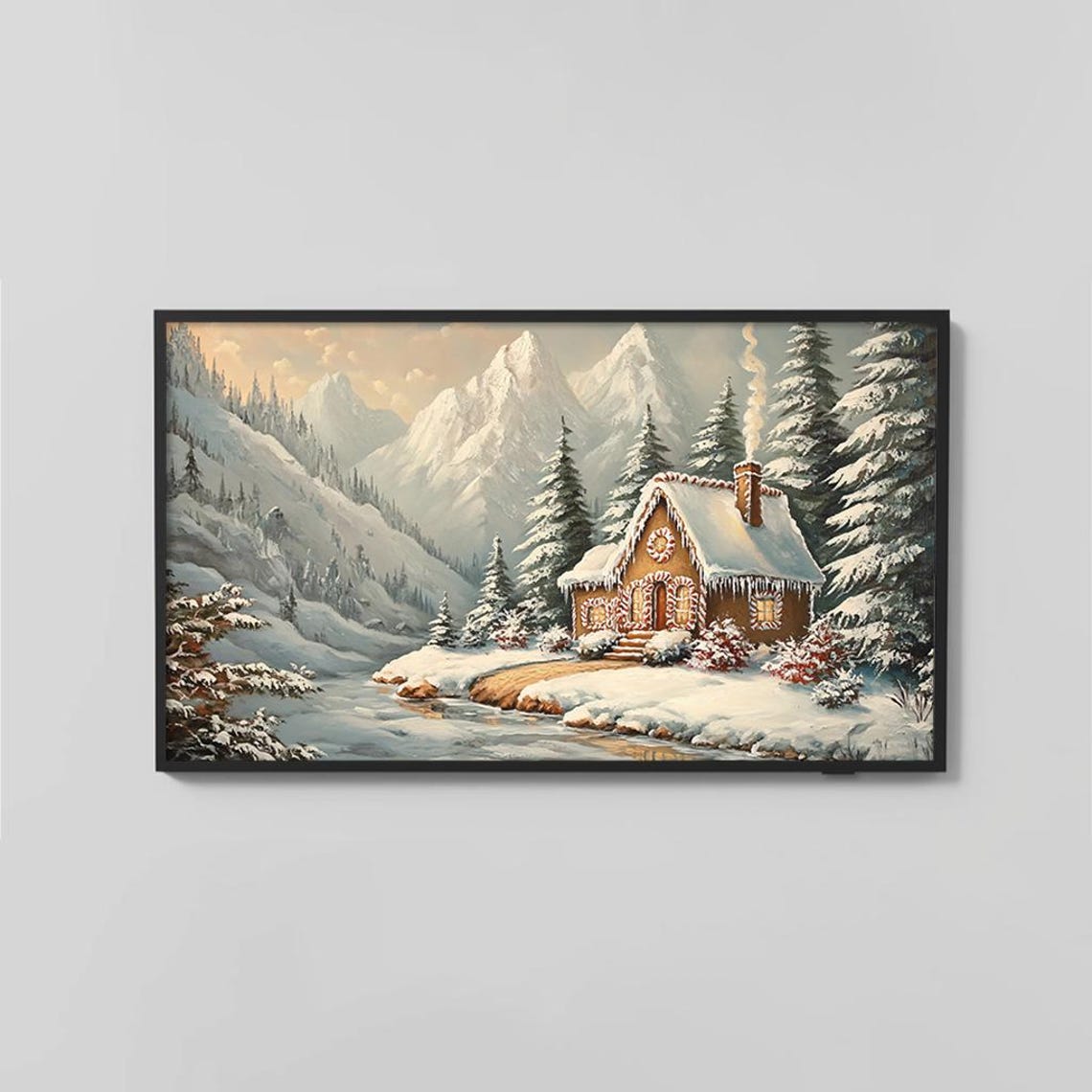 Snowy Mountain Cabin Cozy Winter Christmas Scenic Landscape Poster - Image 2